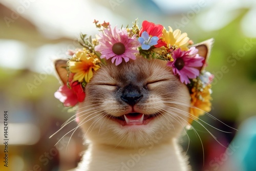 Sunny daylight. Vacation time happiness. Cute baby cat tonkinese wearing free flower circlet on its head. Cat surrounded by flowers. Playful summer vibes for kittens. Beautiful cat in bloom. #1442474694
