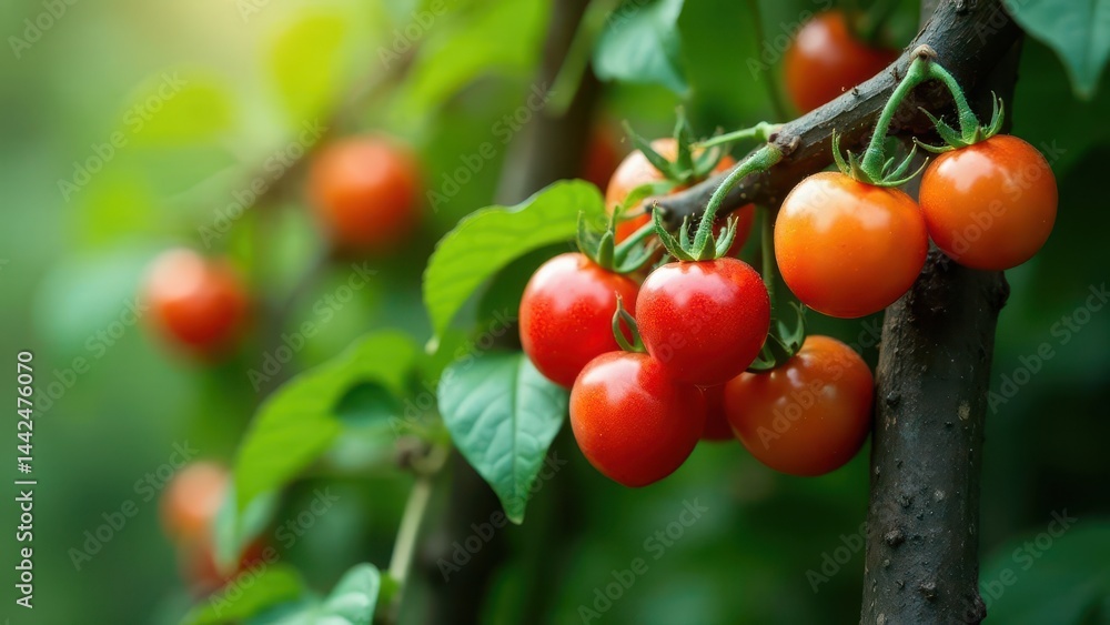Vibrant Red and Orange Tomatoes Growing on Lush Green Vine in a Sunny Garden Vibrant Red and Orange Tomatoes Growing on Lush Green Vine in a Sunny Garden