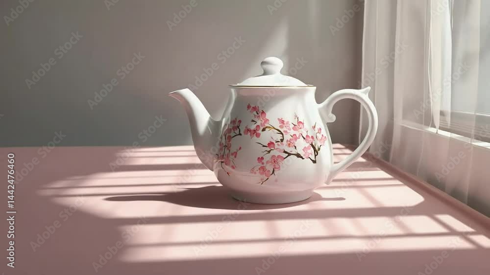 Elegant Teapot with Cherry Blossom Design in Sunlight Elegant Teapot with Cherry Blossom Design in Sunlight