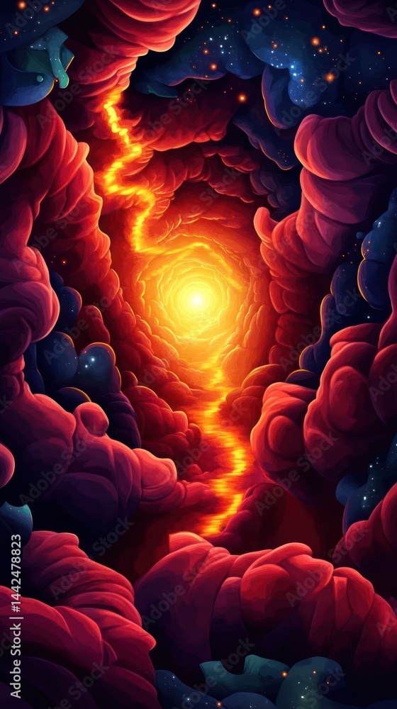 Obraz premium A vibrant cosmic scene with swirling clouds and a bright central light.