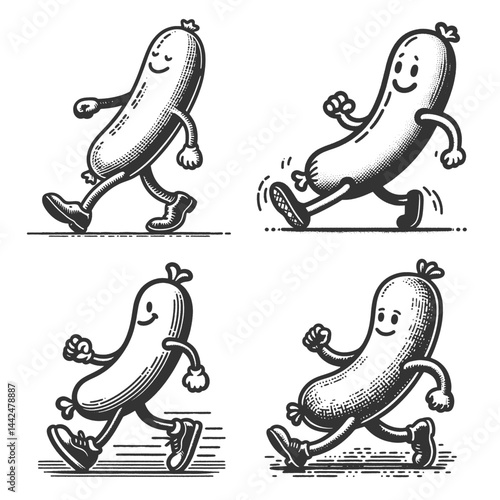 sausages walking cheerfully with smiling faces Set collection bundle sketch engraving generative ai vector illustration. Scratch board imitation. Black and white image.