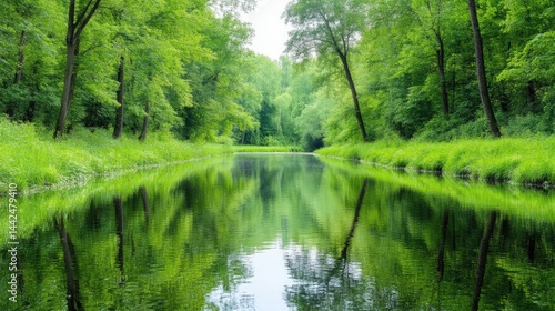Serene Canal Lush Green Forest Vibrant Naturalistic Style High-Definition Sharp Focus Landscape Full Reflection Tranquil Nature Scene Picturesque Springtime Greens Ideal for Eco-Tourism Brochures