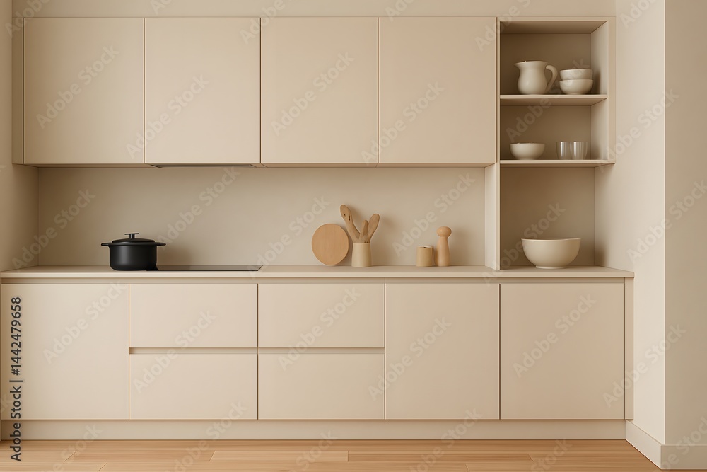 Fototapeta premium Interior of kitchen. Light beige home kitchen interior, cooking cabinet, shelves hidden