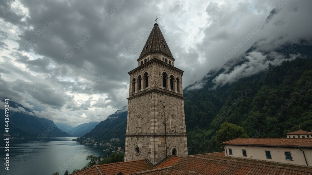 Fototapeta premium Cloudy Day at Lake Como: Lenno Church Bell Tower