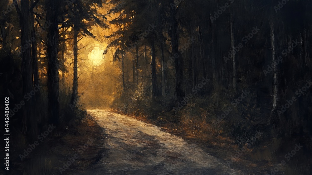 Naklejka premium Serene sunset forest path golden hour landscape painting art oil road dark calm trees woods rural