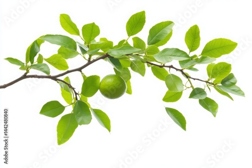 Wallpaper Mural A vibrant green lime hanging from a slender branch amidst lush green leaves, set against a clean white background, ideal for culinary and health-related themes Torontodigital.ca