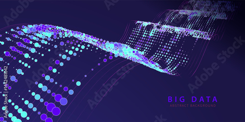 Dots big data on curve way flow quantum computing. Futuristic digital data stream in dark. Technology transmission information in waves grid cyberspace.