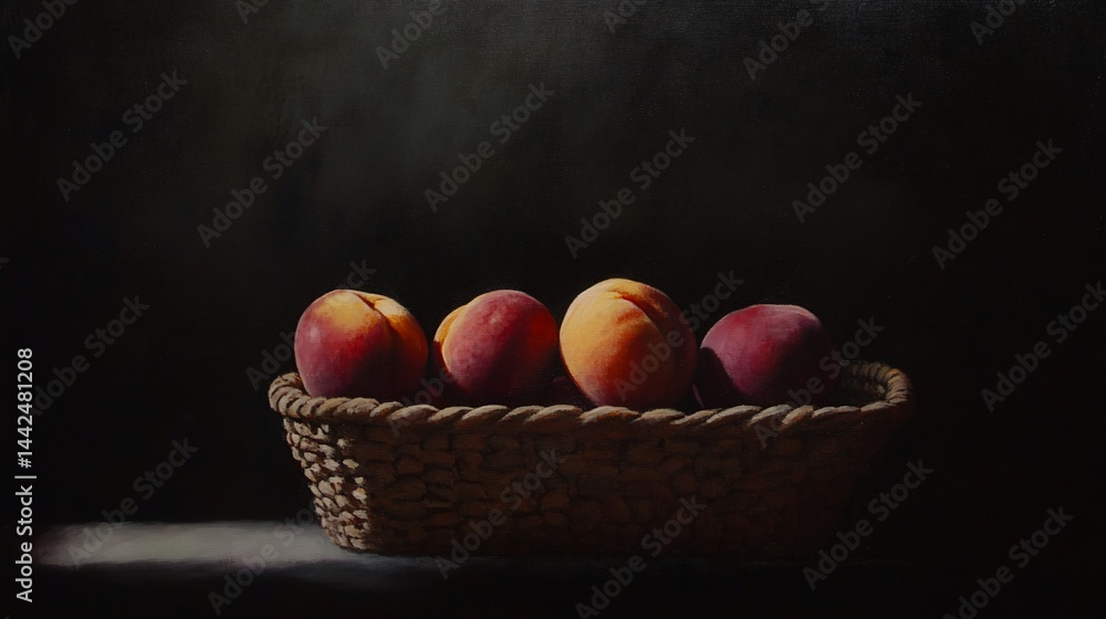 Four ripe peaches in a wicker basket, dramatic lighting.