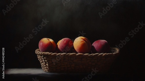 Obraz na płótnie Four ripe peaches in a wicker basket, dramatic lighting. w salonie
