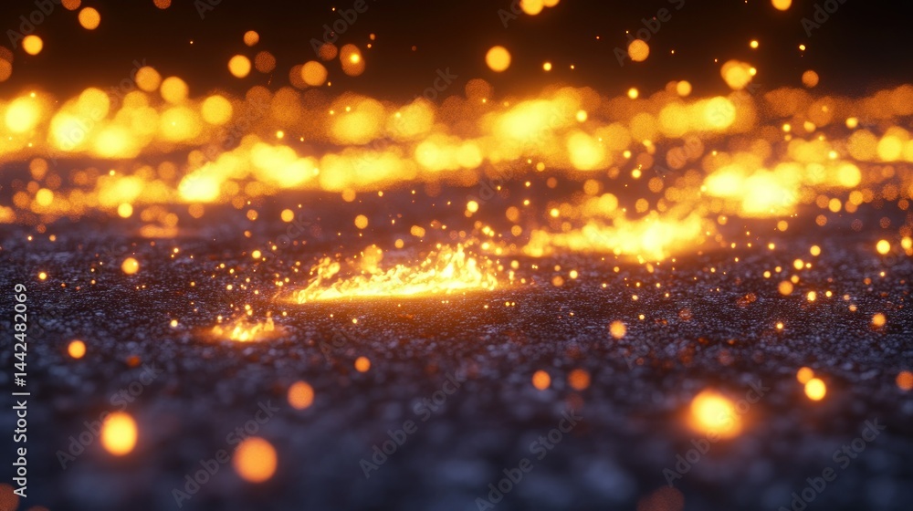 Naklejka premium Glowing embers and particles float above a dark ground surface
