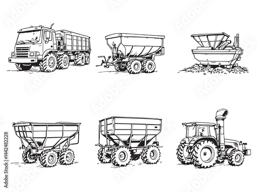 Manure spreader side view line art agricultural equipment