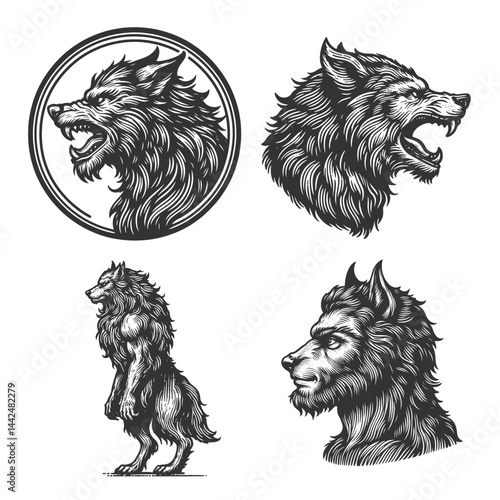werewolves and wolves in various fierce and mystical poses Set collection bundle sketch engraving generative ai vector illustration. Scratch board imitation. Black and white image.