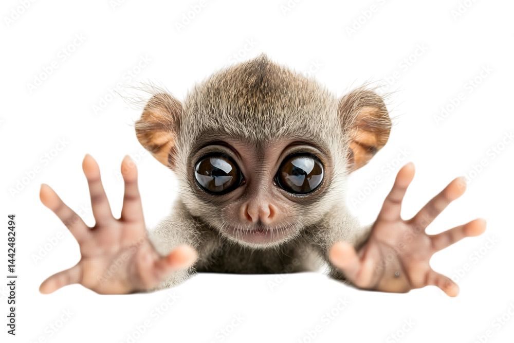 Fototapeta premium Curious baby monkey with big eyes reaching out playfully. Isolated on transparent background