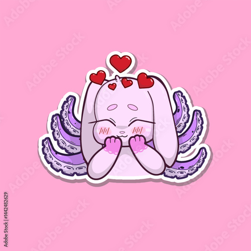 Cute sticker. Bunny-octopus hybrid character with a loving, affectionate expression and sparkling eyes. Adorable cartoon style illustration in pastel colors, featuring soft shading and clean lines