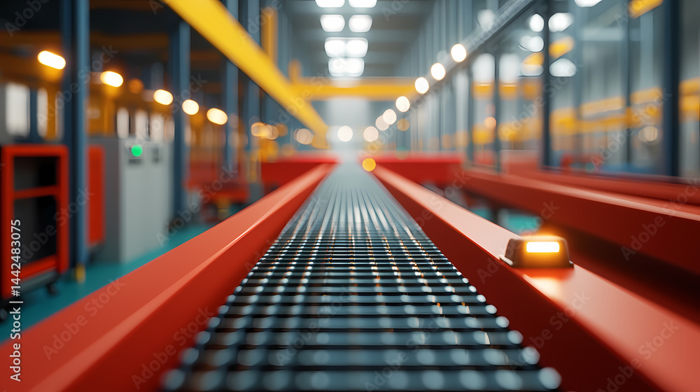 Fototapeta premium A brightly lit industrial conveyor belt inside a modern automated factory featuring metal rollers and vibrant colors.