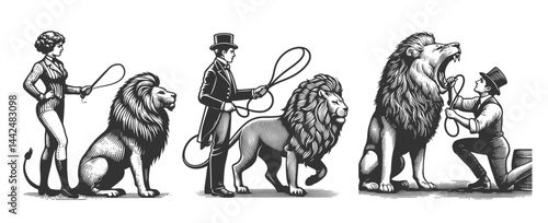 circus performers and trainers interacting with lions Set collection bundle sketch engraving generative ai vector illustration. Scratch board imitation. Black and white image.