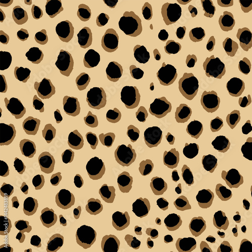 Black spots in various round shapes evenly spread on beige, resembling stylized wild animal fur