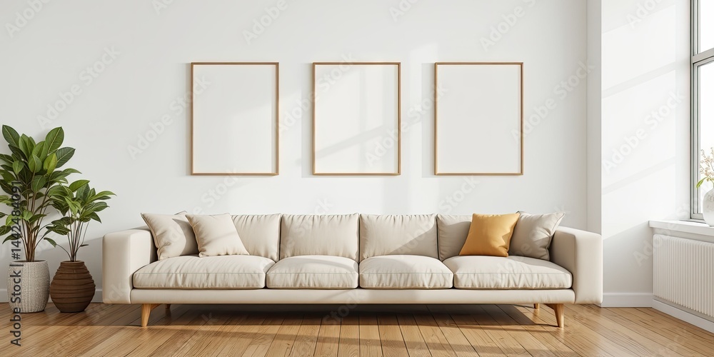 Fototapeta premium Minimalist Beige Sofa with Blank Frames
