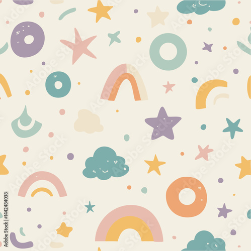 Playful pastel icons of stars, rainbows, clouds, and circles scattered across a light beige backdrop