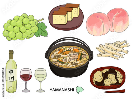 山梨グルメ　線画のイラストセット