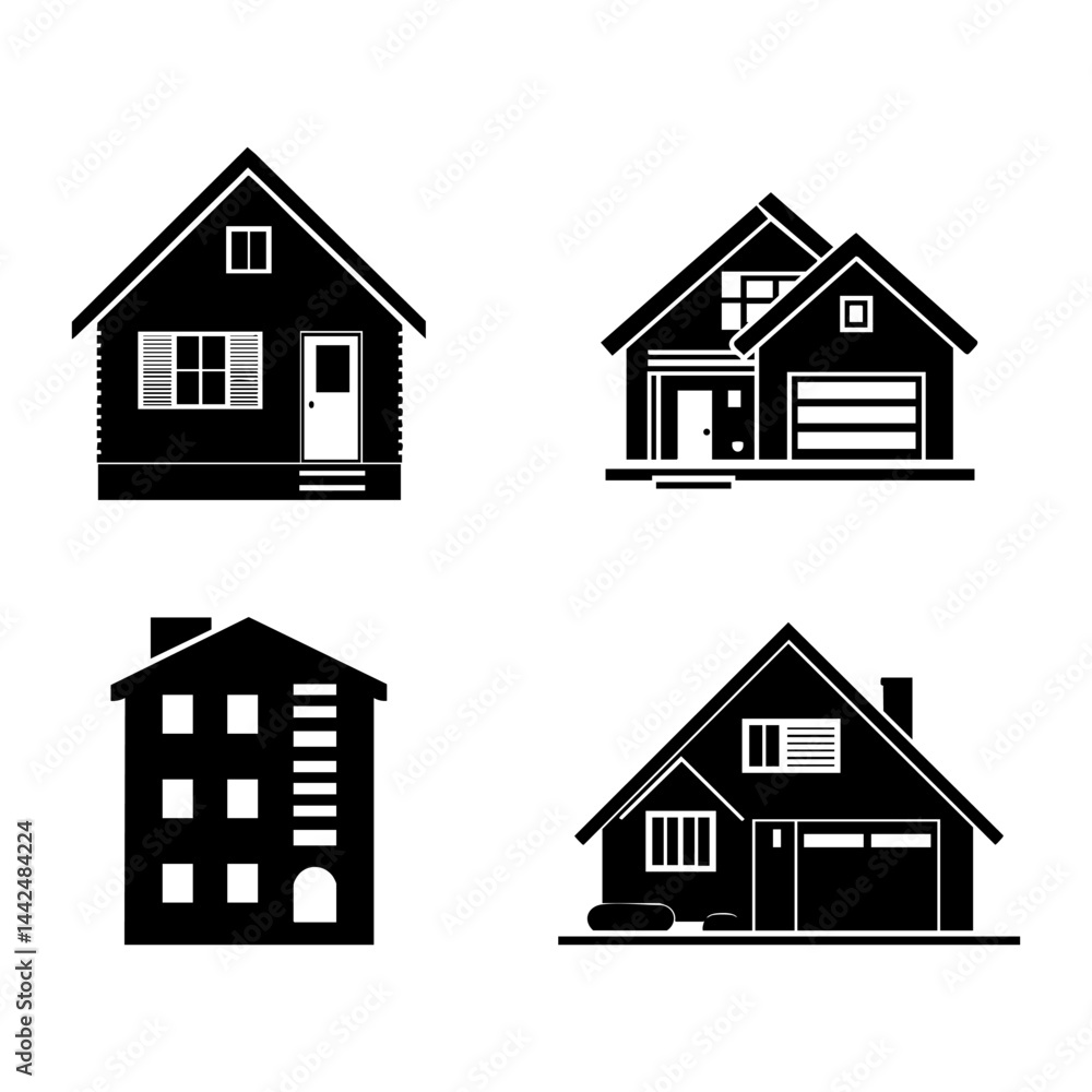 Set of four black house icons with different shapes, garage doors, windows, roofs, and entry steps Set of four black house icons with different shapes, garage doors, windows, roofs, and entry steps