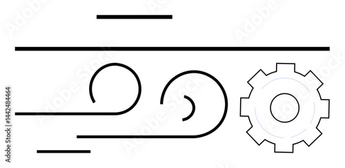 Curved lines simulating wind flow alongside a mechanical gear. Ideal for technology, innovation, energy, motion, mechanics, engineering, simple visuals, or a clean landing page