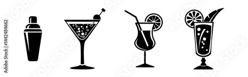 Black cocktail shaker and three different drink glasses with fruit garnishes on a white background