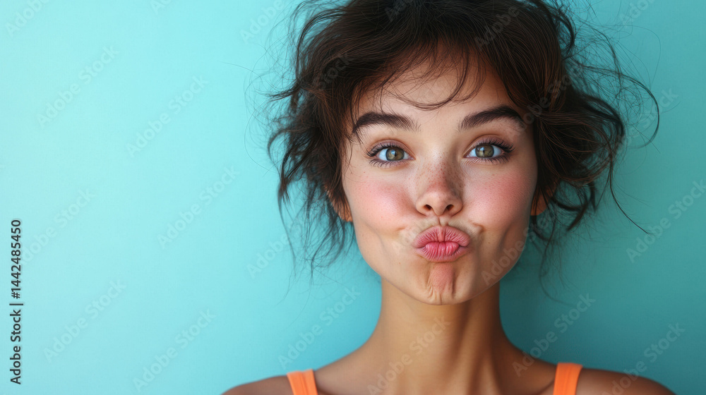 Woman with tousled hair makes playful fish face against blue background Woman with tousled hair makes playful fish face against blue background