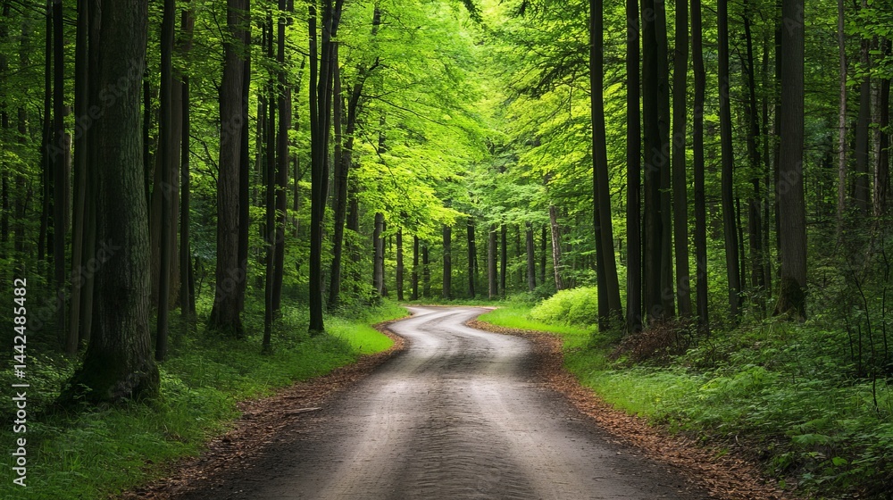 Obraz premium Serene winding road through lush green summer forest trees day way path park dirt calm view rural