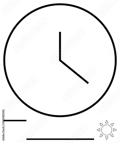 Clockface with simple hands indicating time, horizontal lines suggesting processes, small sun icon symbolizing daylight. Ideal for time management, scheduling, efficiency, productivity, planning