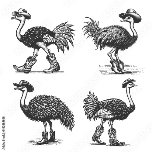 ostrich in cowboy boots, with Western hat Set collection bundle sketch engraving generative ai vector illustration. Scratch board imitation. Black and white image.