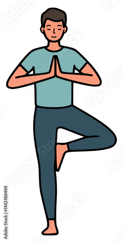 man practices yoga healthy sport relax meditation flat color vector illustration template design