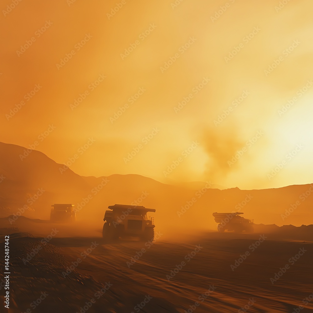 Fototapeta premium Dust clouds and mining trucks at sunset