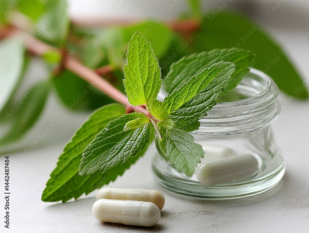 Herbal capsules with fresh leaves on a light background in a jar Herbal capsules with fresh leaves on a light background in a jar