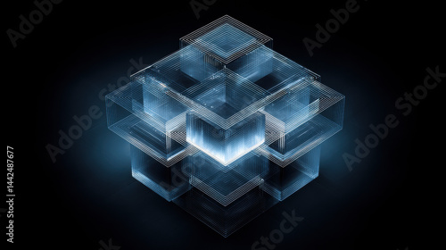 An elegant and clear visual illustration of layered glass cube with digital effects, ideal for creative, commercial, or editorial purposes.