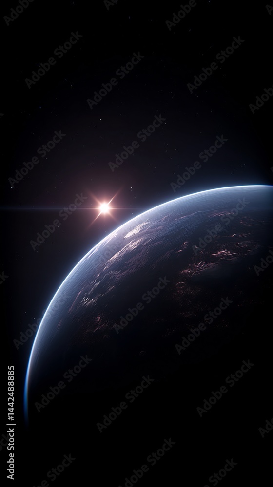 Naklejka premium Celestial sphere: a cosmic view of a sunrise on a distant planet surface