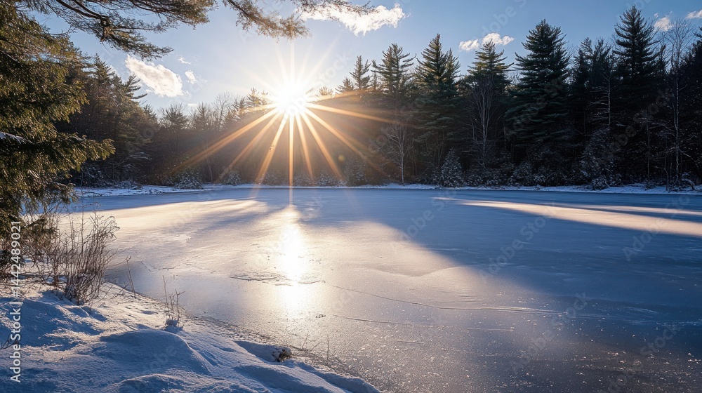 Winter sun shines on frozen lake, snow-covered forest edge.