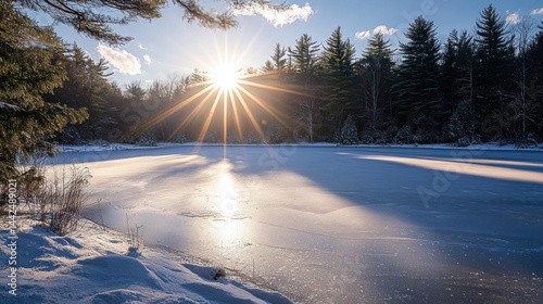 Obraz na płótnie Winter sun shines on frozen lake, snow-covered forest edge. w salonie