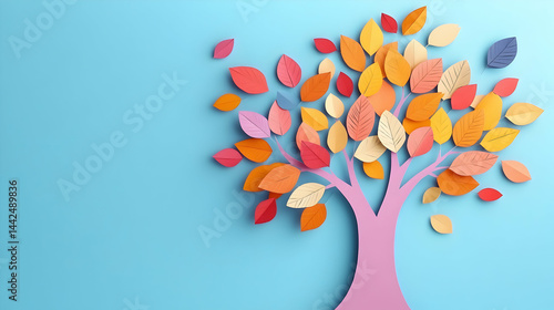 Colorful paper autumn tree on blue background, creative seasonal display
