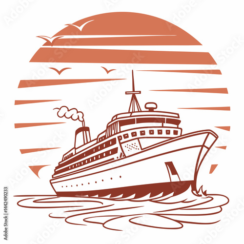 Retro Cruise Ship at Vintage Sunset – Contour Vector Art for Classic T-Shirt Design on White