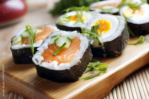 Wallpaper Mural Freshly prepared sushi rolls with salmon, egg omelette, cucumber, and rice, garnished with green onions on a wooden board. Torontodigital.ca