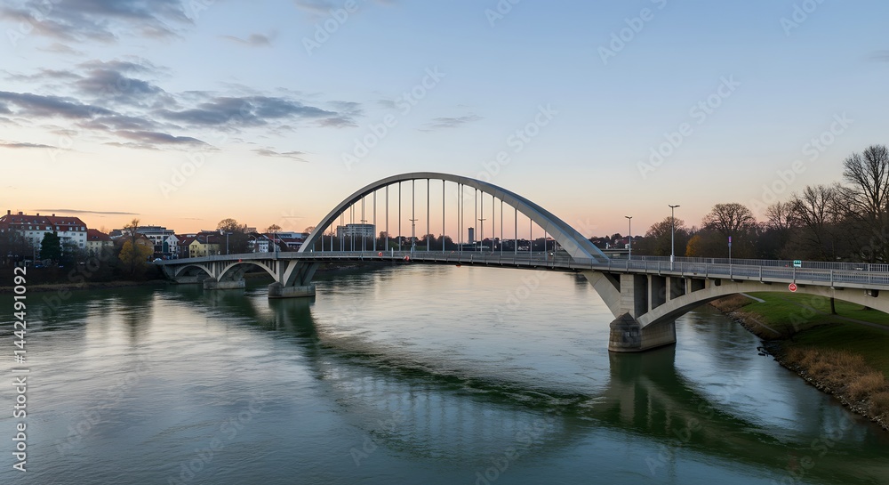 Naklejka premium Arch Bridge Over River at Sunset