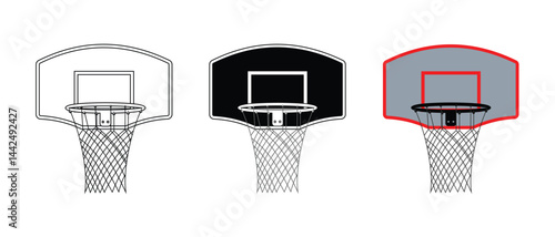 basketball hoop set design, in outline style, black and colored, sports equipment.
