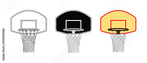 basketball hoop set design, in outline style, black and colored, sports equipment.