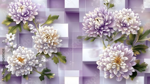 Elegant Purple and White Chrysanthemum Floral Design on Geometric Background