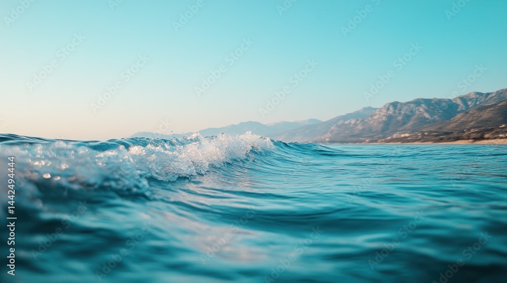 A clear ocean wave is rolling toward a distant mountain range A clear ocean wave is rolling toward a distant mountain range