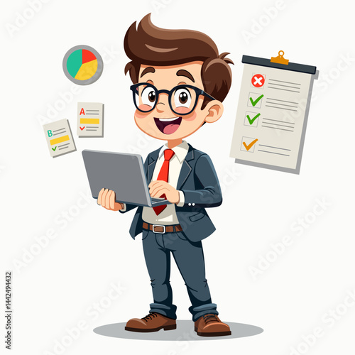 cartoon businessman multitasking with laptop and charts for productivity blogs, project management tools, office presentations, finance reports, startup visuals