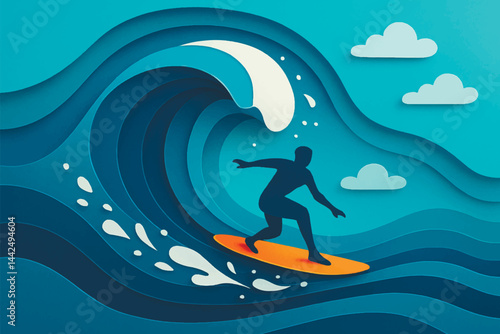 3d layered papercut illustration of a surfer riding a giant multilevel wave on an orange board, with splashes, stylized clouds and deep flowing ocean layers. Vector surface background with 3D effect.