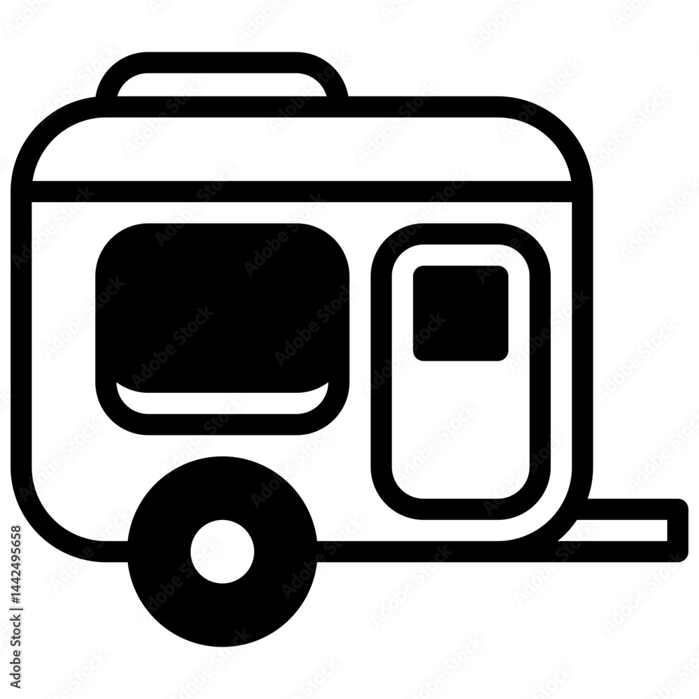 Camping trailer. Outlined stroke vector icon with black-filled details. Camping trailer. Outlined stroke vector icon with black-filled details.