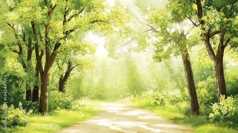 Naklejka premium Lush forest path bathed in sunlight